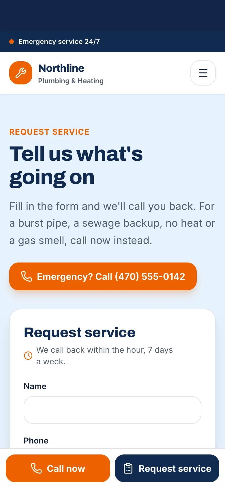 Plumbing & Heating template, request a quote
